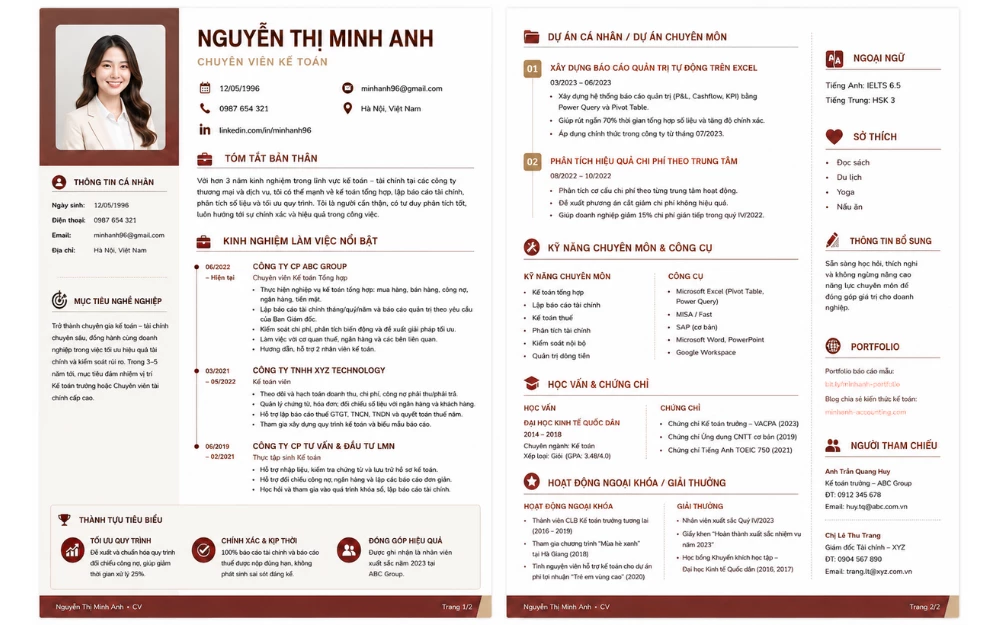 Mẫu CV 2 trang ngành Kế toán/Tài chính