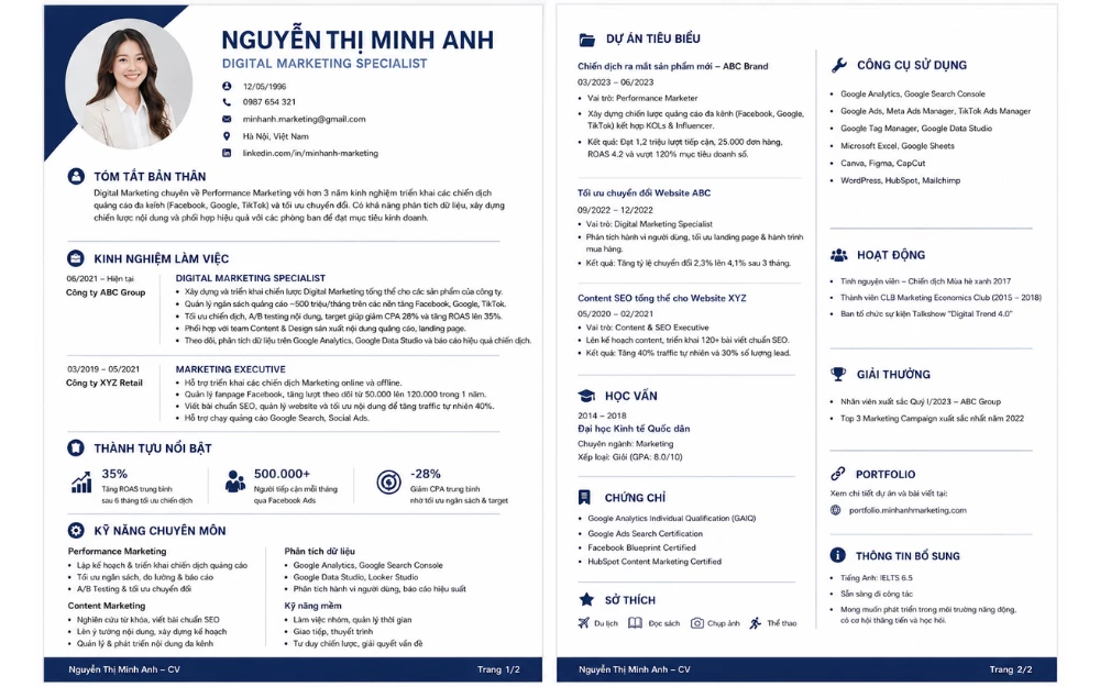 Mẫu CV 2 trang ngành Marketing/Digital Marketing