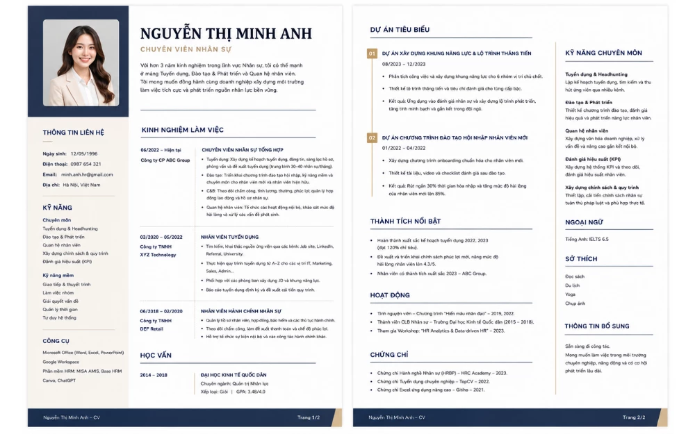Mẫu CV 2 trang ngành Nhân sự (HR)
