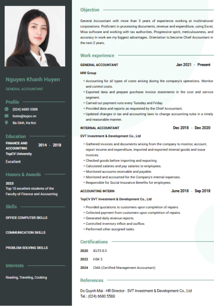 Mẫu CV kế toán bằng tiếng Anh