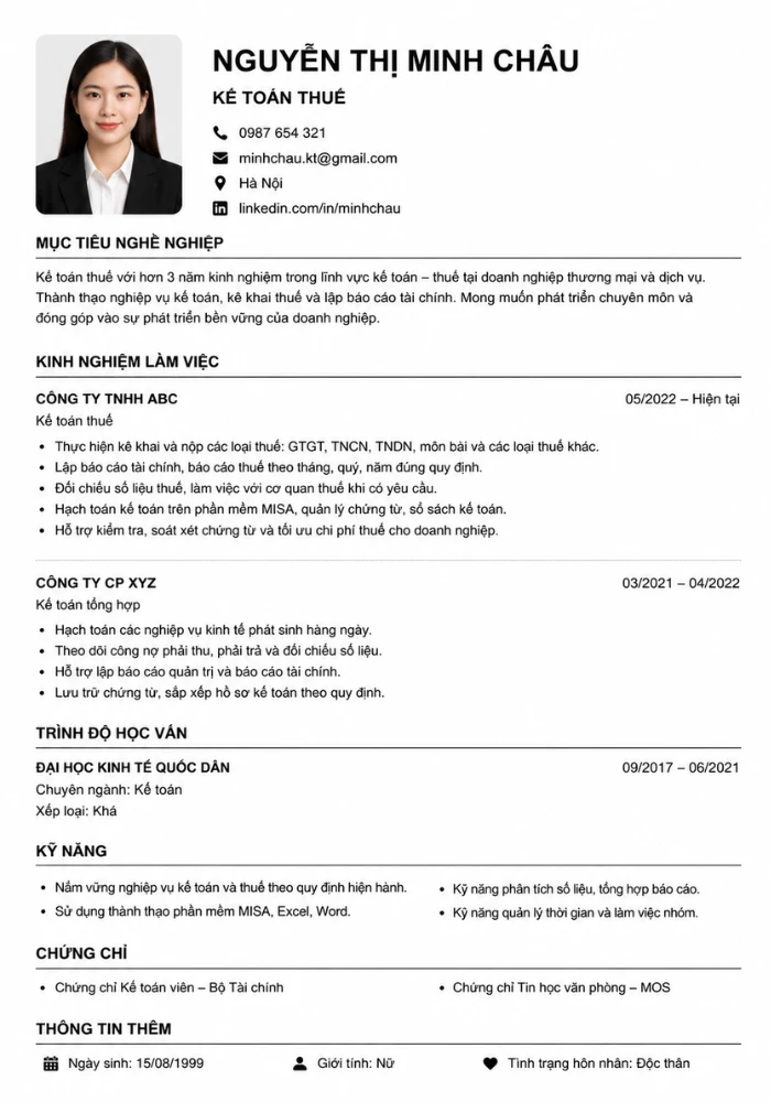Mẫu CV kế toán thuế