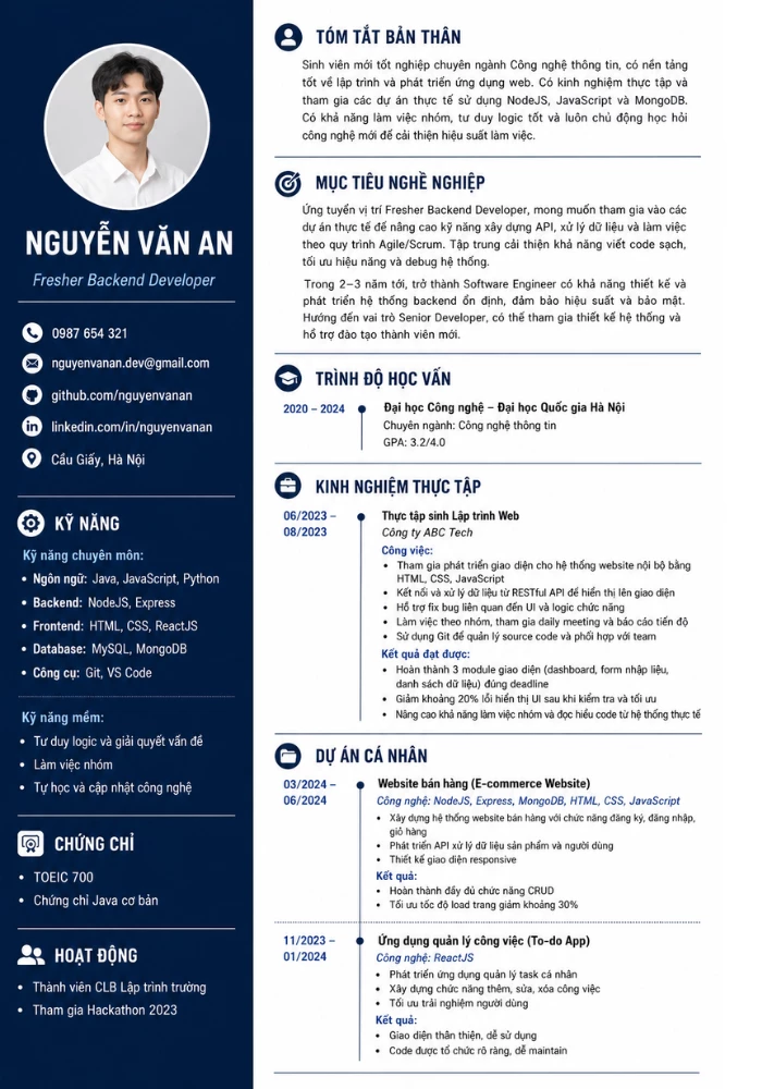Mẫu CV lập trình viên mới ra trường / sinh viên IT