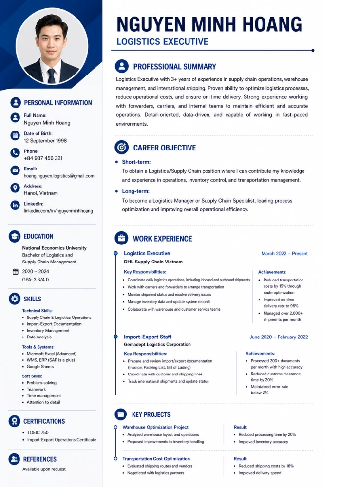 Mẫu CV logistic tiếng Anh
