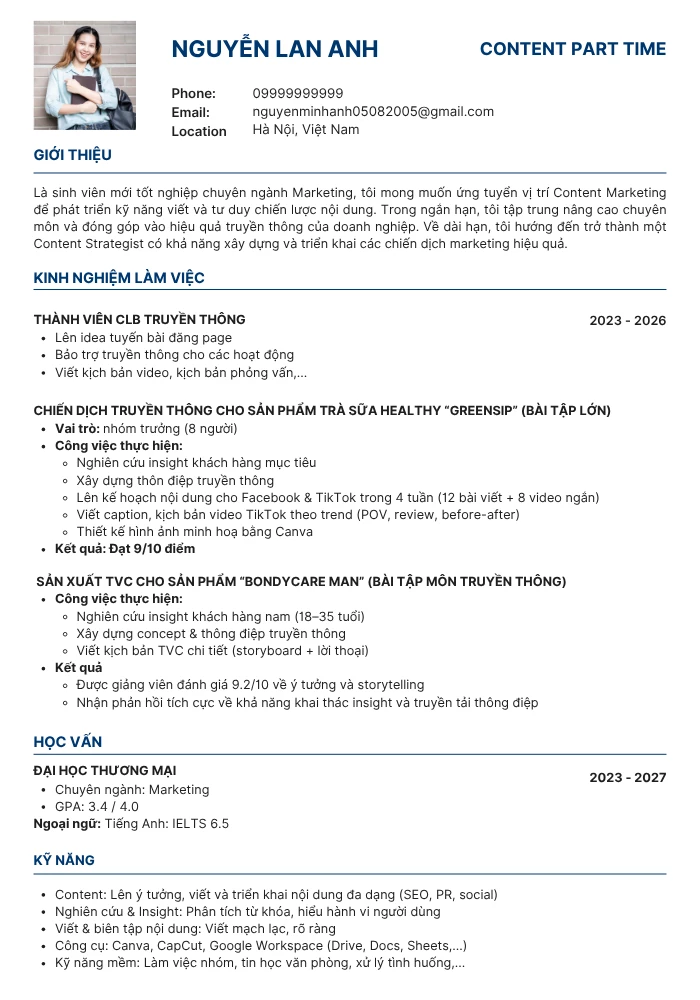Mẫu CV xin việc part-time chưa có kinh nghiệm