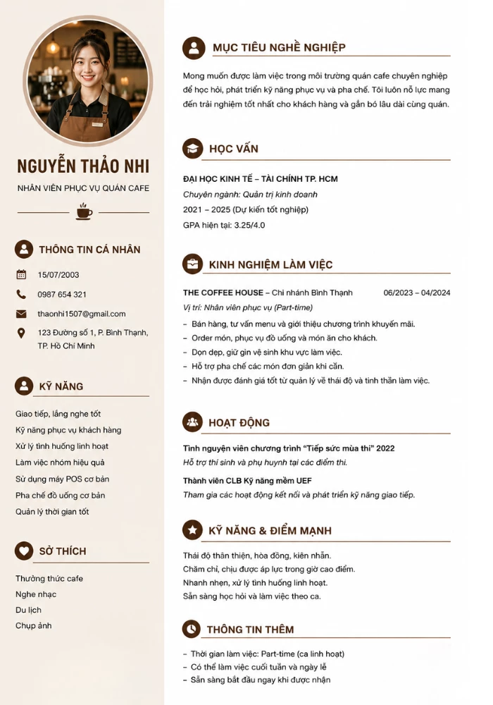 Mẫu CV phục vụ quán cafe