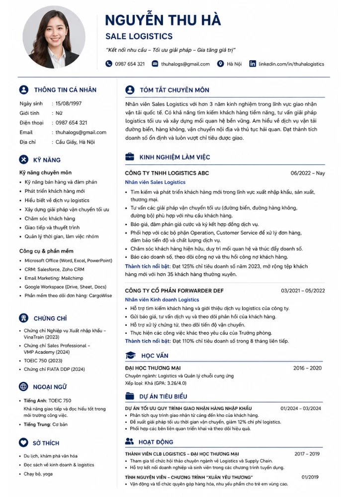Mẫu CV Sale Logistics