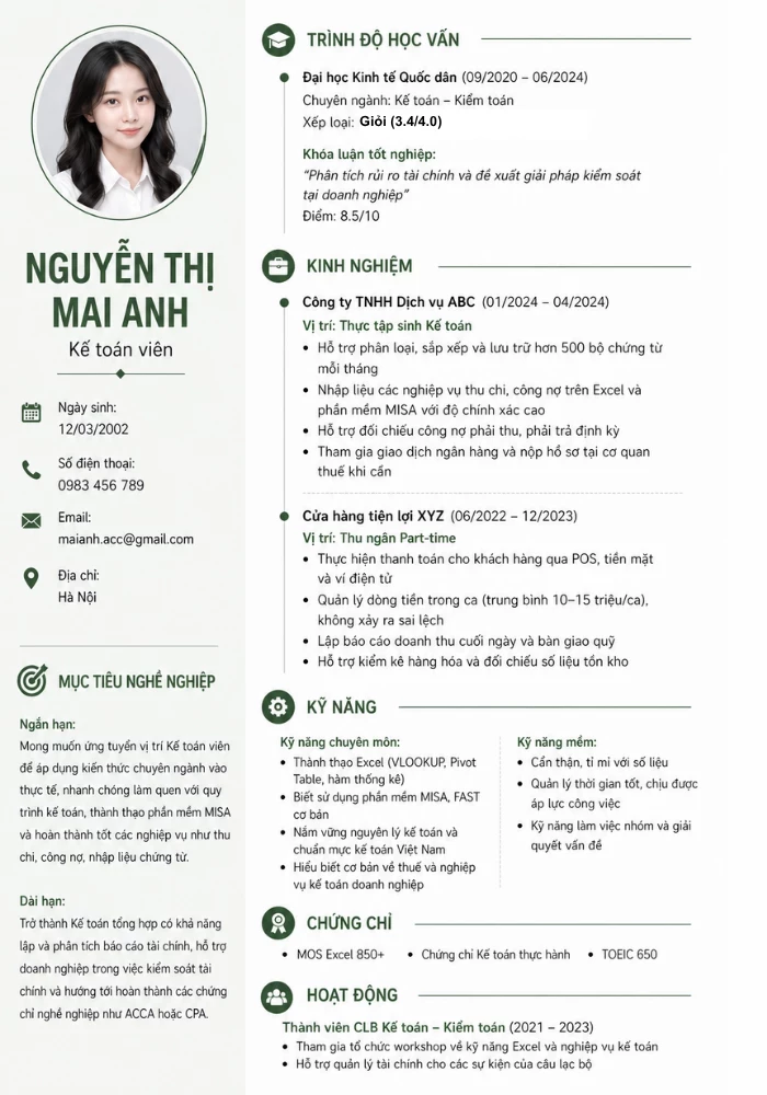 Mẫu cv kế toán cho sinh viên mới ra trường