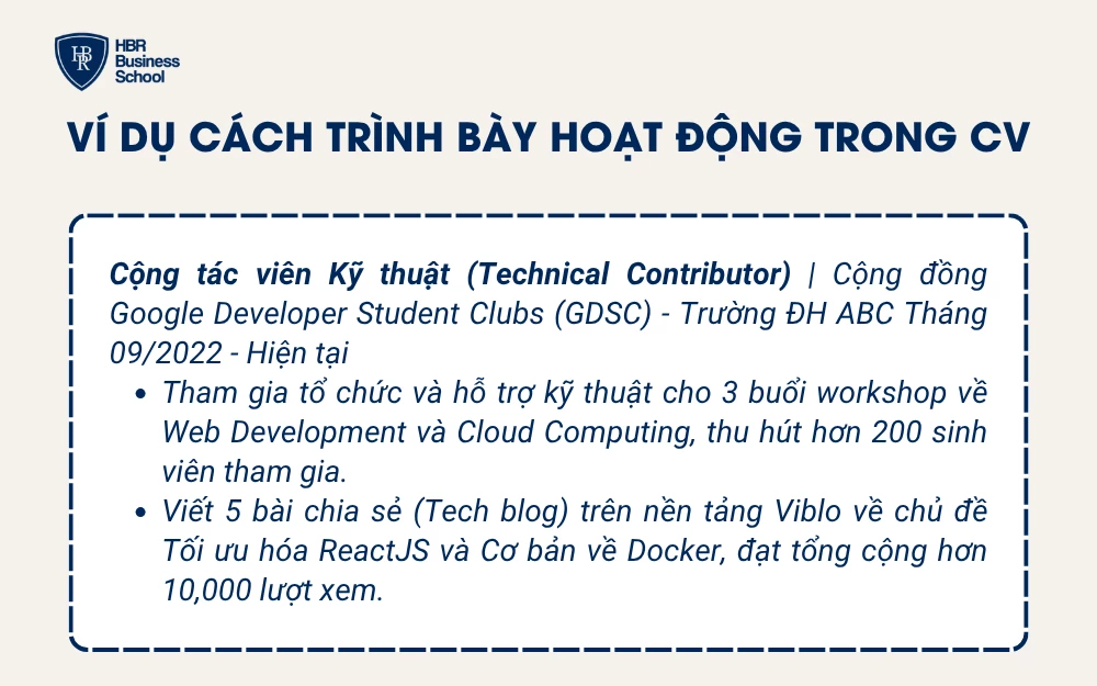 Ví dụ cách trình bày hoạt động trong CV