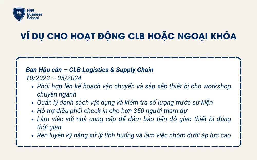Ví dụ cho hoạt động CLB hoặc ngoại khóa