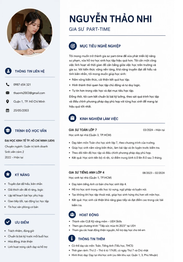 CV gia sư cho sinh viên năm nhất