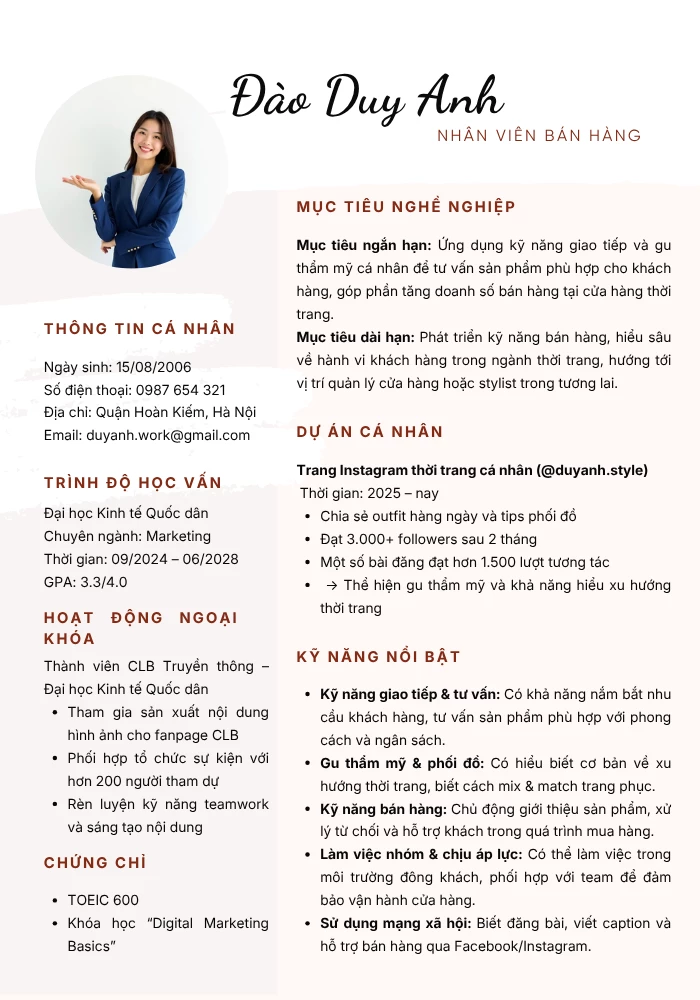 CV xin việc part time bán hàng