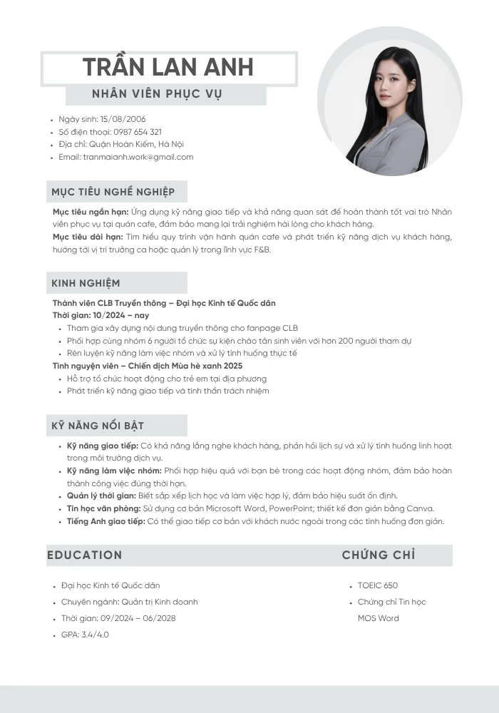 CV xin việc part time quán cafe