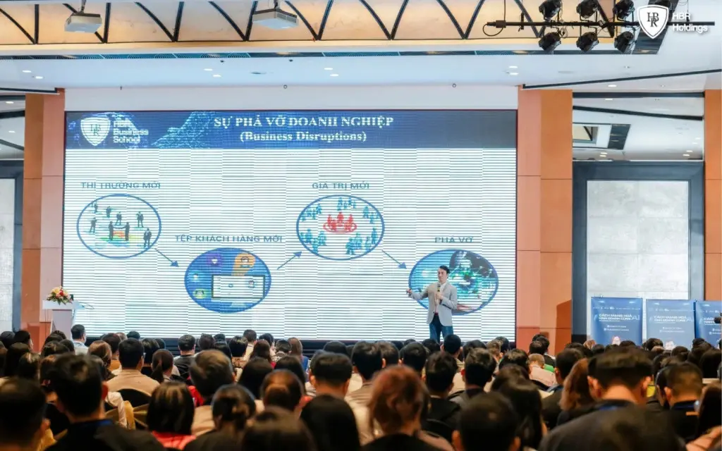 Sơ đồ phân tích về sự phá vỡ doanh nghiệp và mô hình siêu trợ lý AI được chuyên gia truyền tải trực quan.