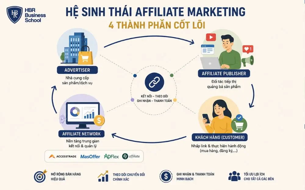 Hệ sinh thái Affiliate Marketing kết nối doanh nghiệp, đối tác, khách hàng và nền tảng trung gian