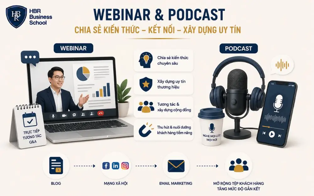 Webinar và Podcast giúp chia sẻ kiến thức, xây dựng uy tín và gắn kết khách hàng