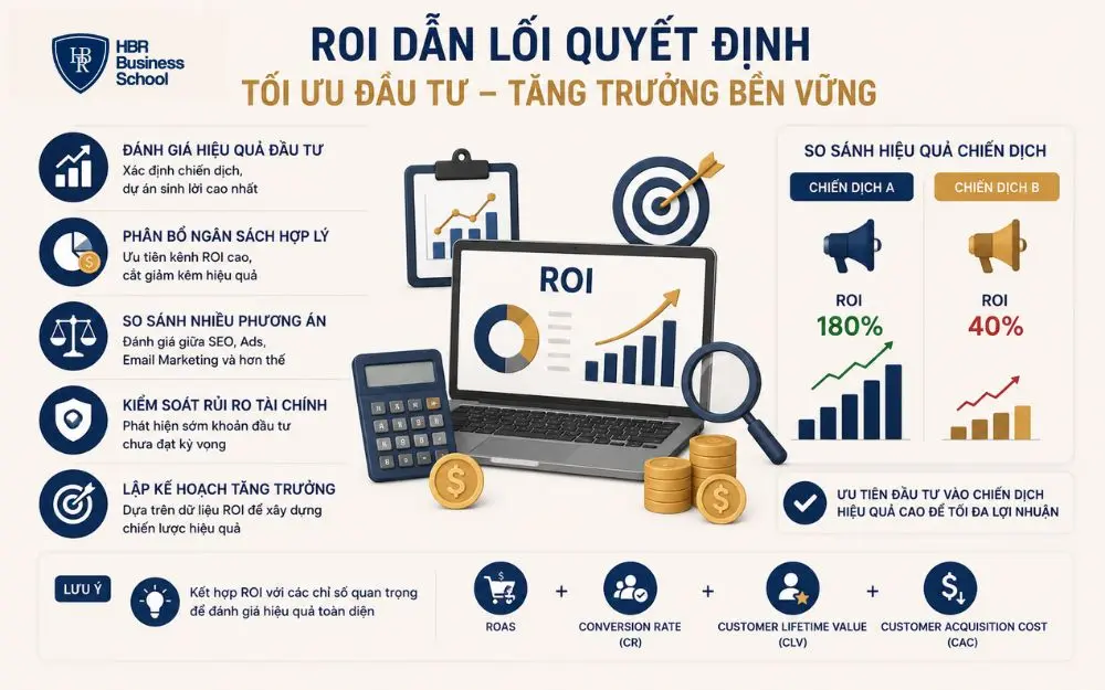 ROI giúp doanh nghiệp tối ưu đầu tư, phân bổ ngân sách và tăng trưởng bền vững